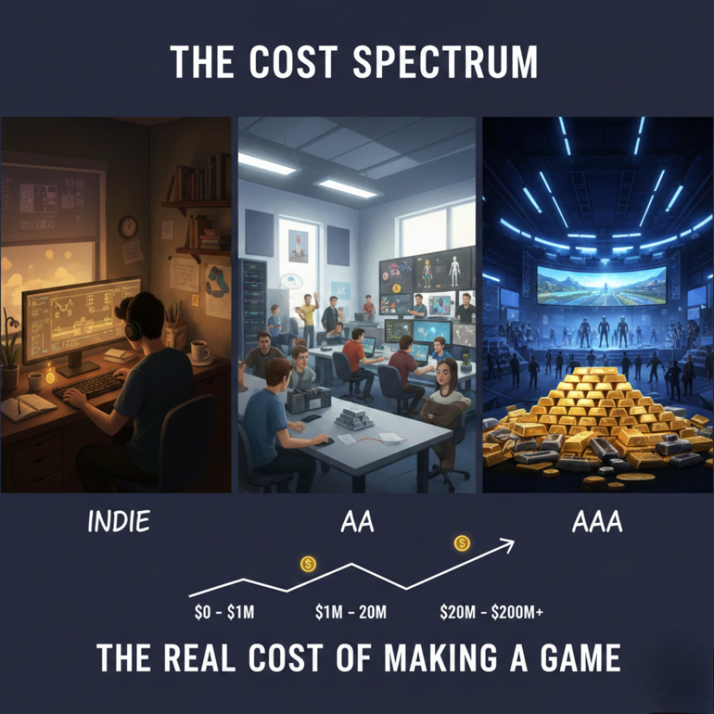 Illustration comparing small, mid-sized, and large-scale game development costs.