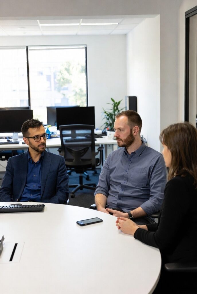 Three team members in discussion at a desk inside a modern office workspace.