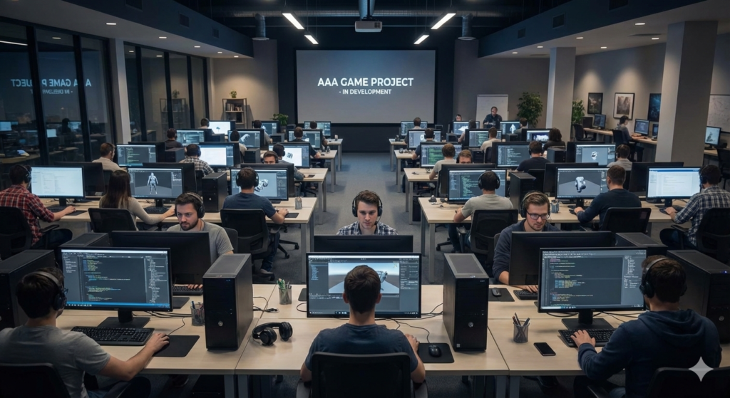 Large game development studio with dozens of developers working on an AAA game project.