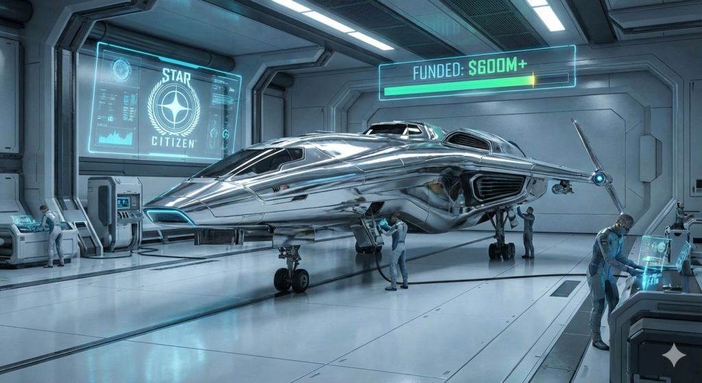Cinematic sci-fi image of a spaceship in a hangar as Star Citizen funding surpasses $600M.