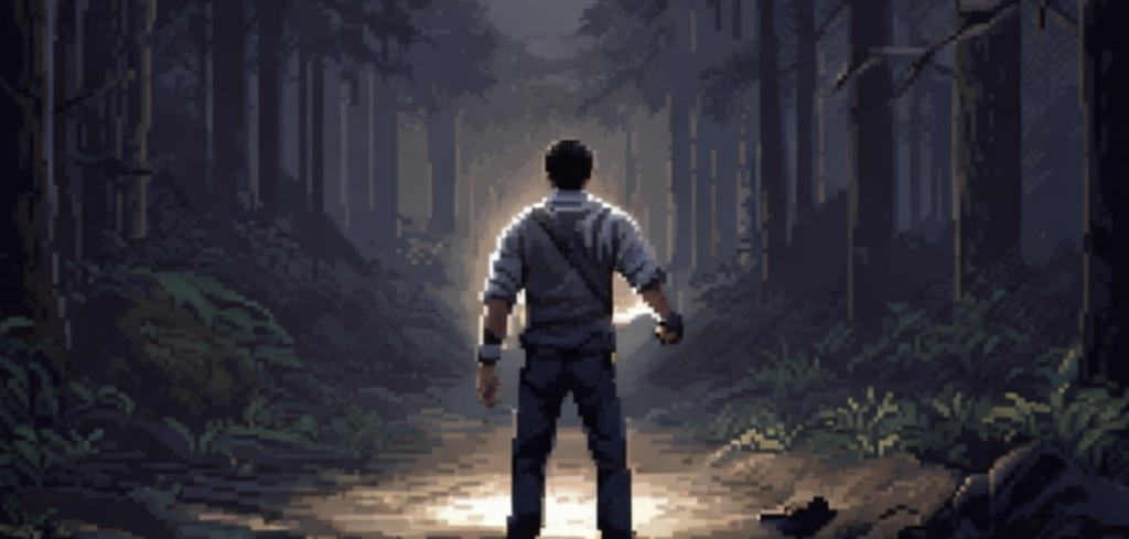 Pixel-art illustration of a man standing on a forest path, holding a light in a dark, atmospheric woodland.