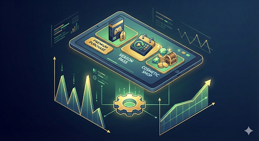 Digital interface showing F2P monetization models: premium purchase, season pass, and cosmetic shop.