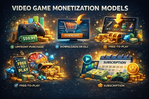 Infographic of video game monetization models: upfront purchase, DLC, free-to-play, and subscription.
