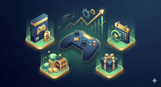 Isometric icons representing video game monetization: retail purchase, subscription, and microtransactions.