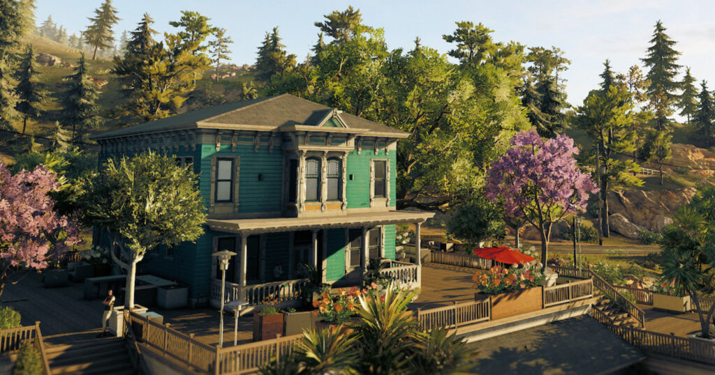Highly detailed game environment from Grand Theft Auto V showing a house surrounded by trees and landscaped terrain.