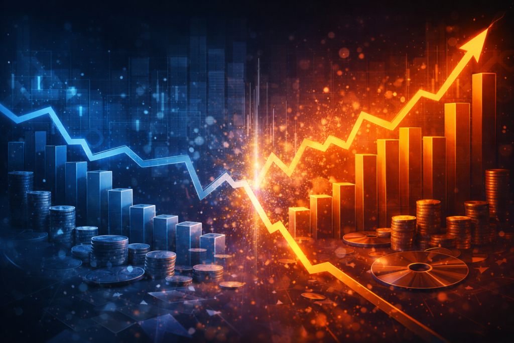 Abstract chart showing uneven game revenue with falling losses and rising profits.