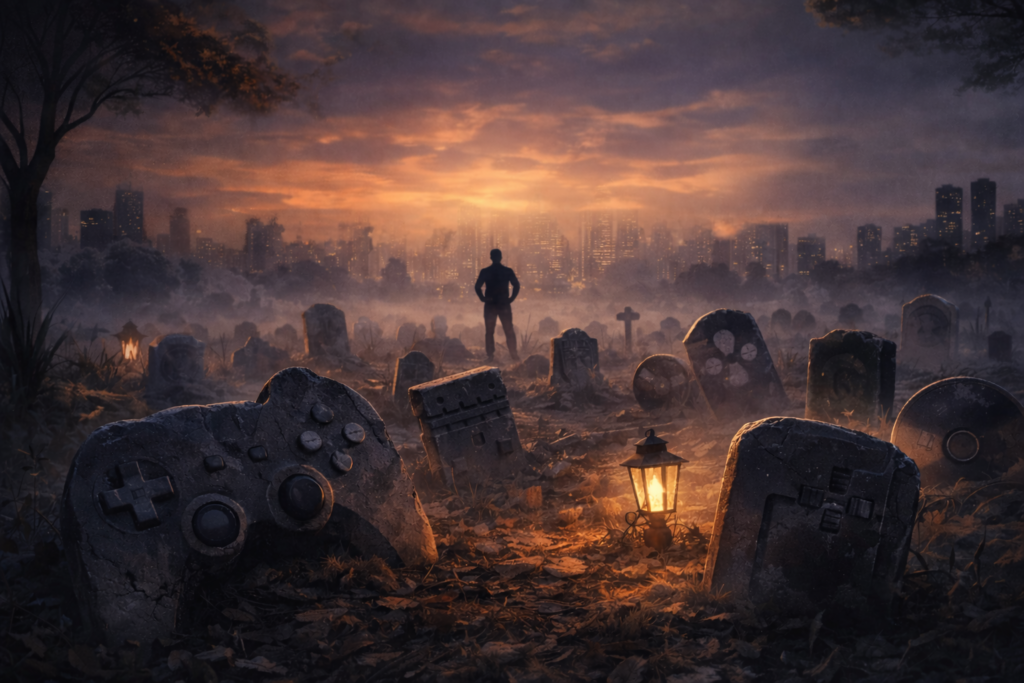 Foggy graveyard with game controller shaped tombstones and a lone figure at sunset.