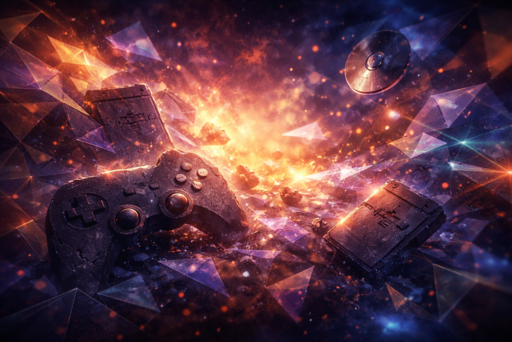 Broken game controller and media fragments symbolizing failed game projects.