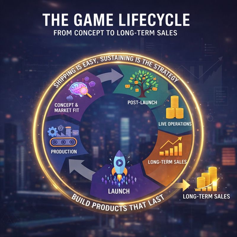 infographic of the five stages of the game development lifecycle from concept to long-term sales.