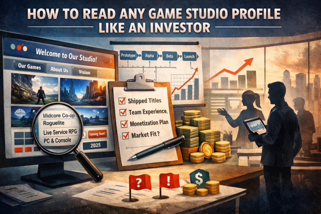 Illustration of investors analyzing a game studio profile on a monitor with a checklist and growth chart.