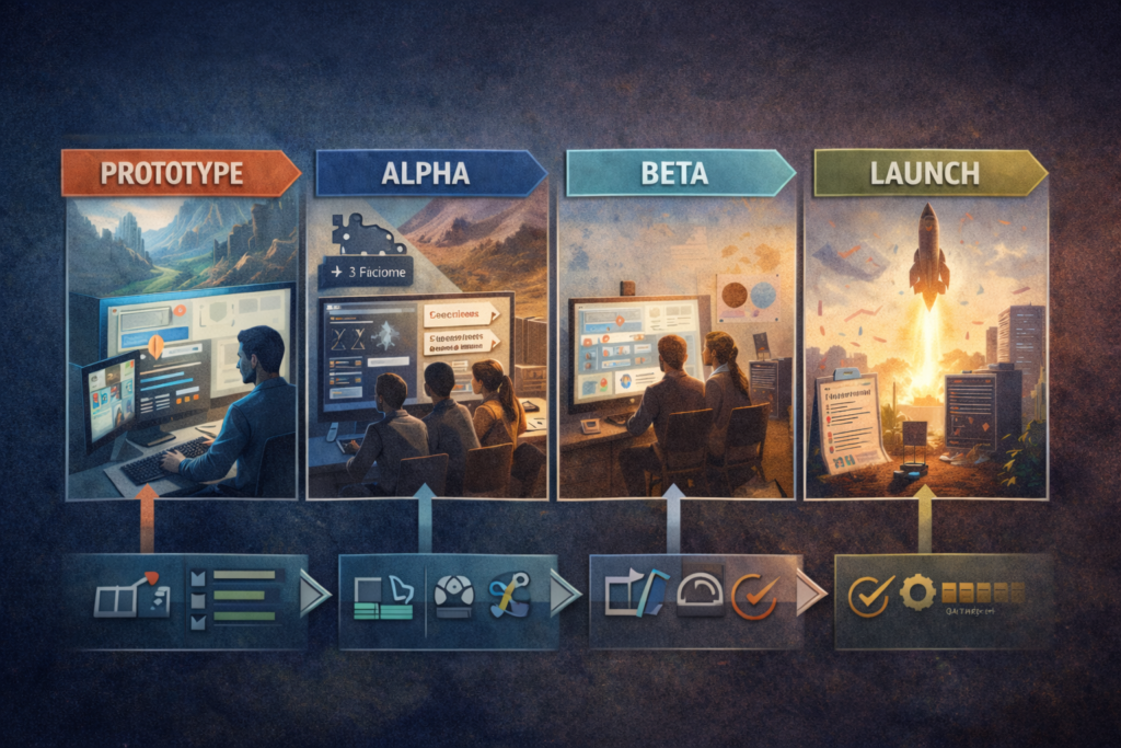 Four-panel game development pipeline showing prototype, alpha, beta, and launch stages.