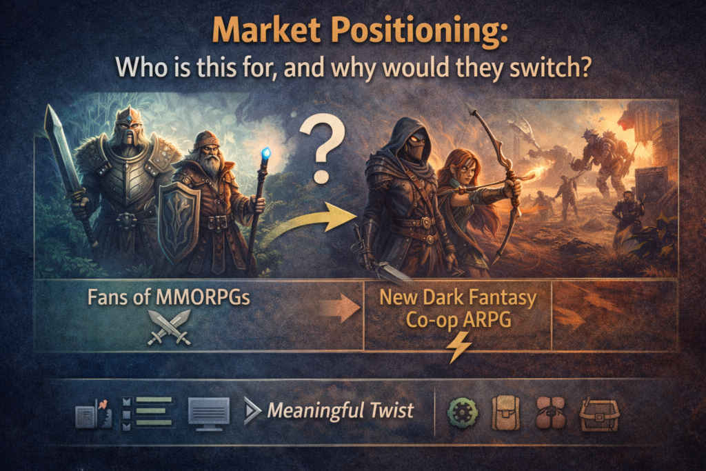 Market positioning graphic showing players switching from an MMORPG-style game to a co-op dark fantasy ARPG.