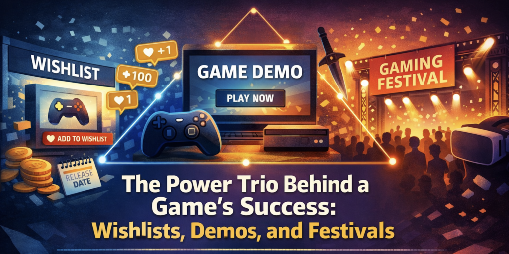 The image depicts gaming gear: a controller, a gaming PC, a console, and a sword in the background.