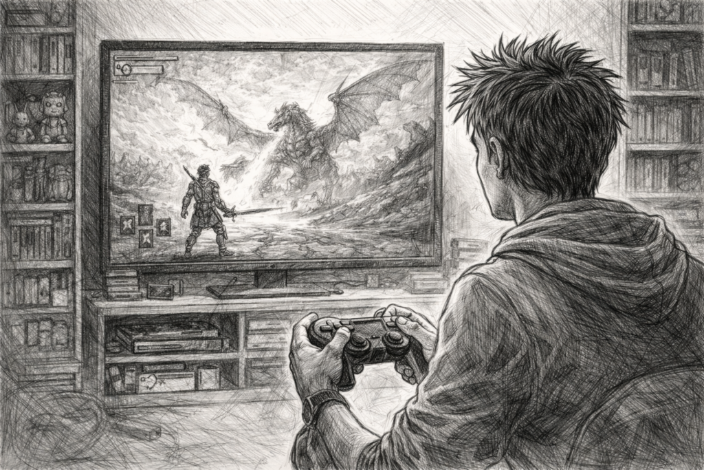 A boy is playing a video game on his television. The game is about a warrior fighting a dragon.