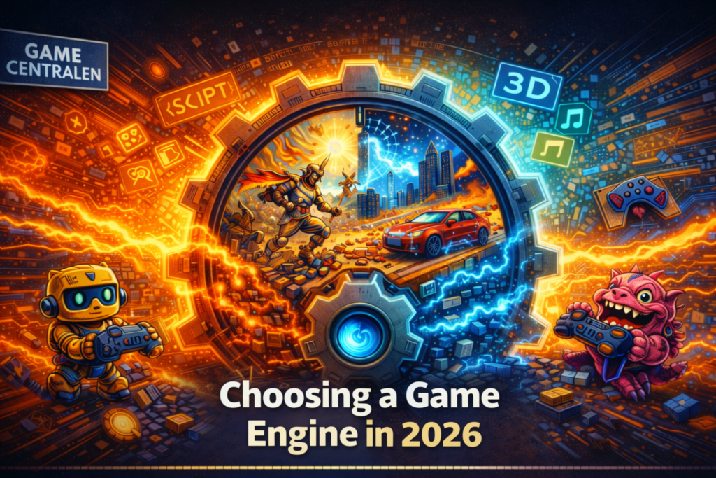 Image of video games with robots and video game characters and a engine in the middle.