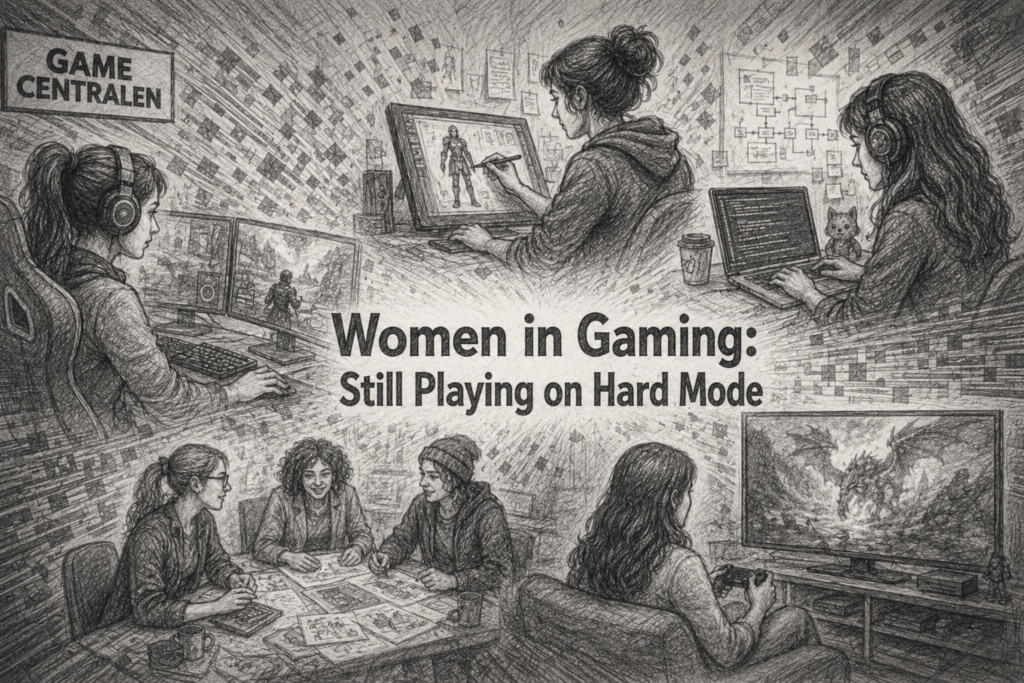 The image shows different examples of woman working in the video game industry: designin, programming, playing and having meetings, the image its grey, black and white.