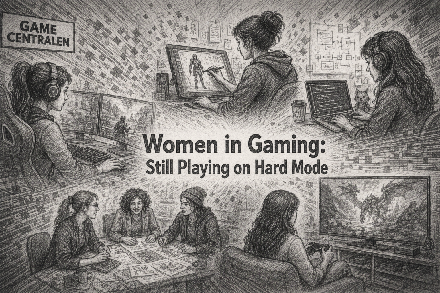 The image shows different examples of woman working in the video game industry: designin, programming, playing and having meetings, the image its grey, black and white.