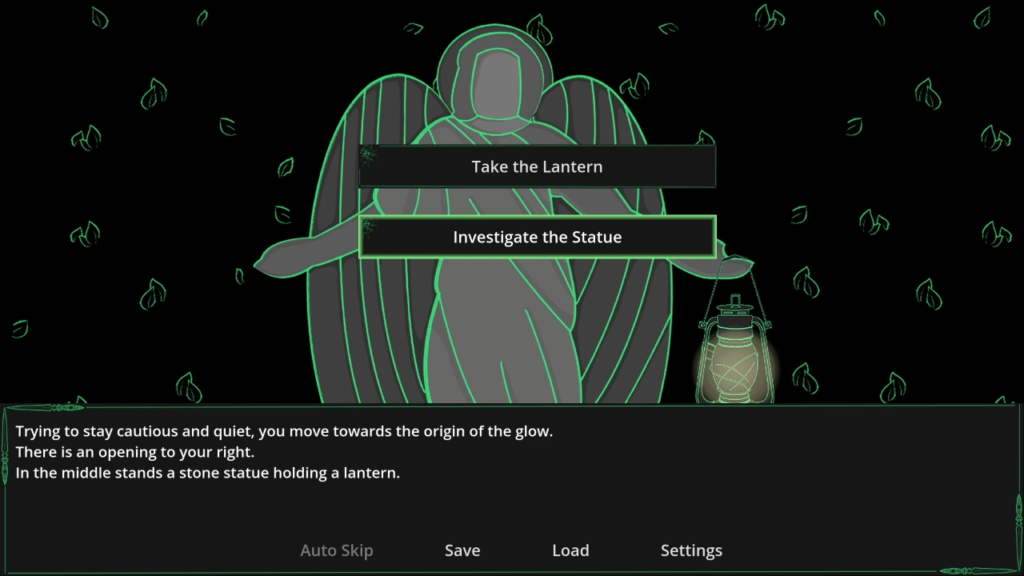 The imagery of an angel in the background, with two decision from the game.